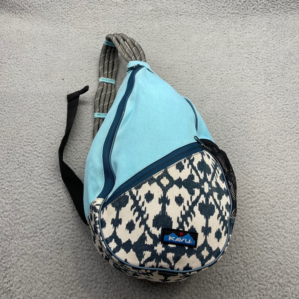 KAVU Rope Bag Crossbody Blue Ikat Canvas Sling Backpack Ergonomic Outdoor Bag
